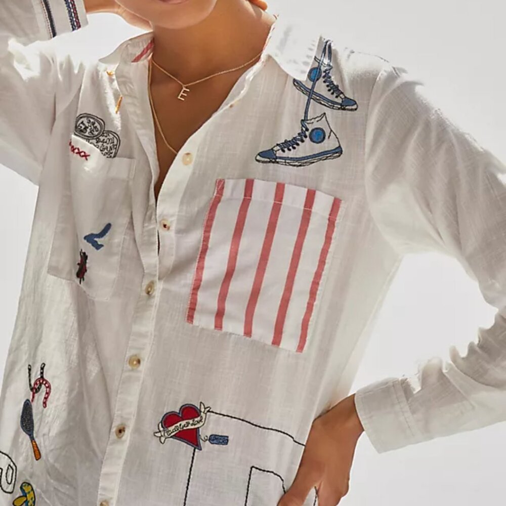 Anthropologie Pilcro Embroidered White Classic Shirt Retro Art Whimsy Size XL - Picture 3 of 16